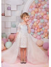 Ivory Lace Knee Length Flower Girl Dress With Detachable Train